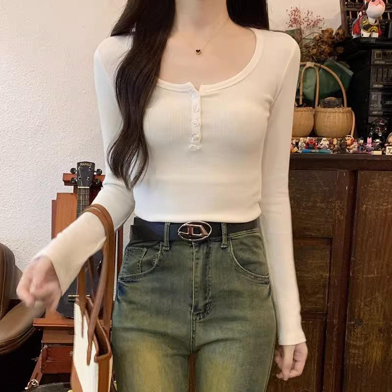 Pure Desire Hot Girl Long Sleeve T-Shirt Women's Chic Button Half Open Collar Bottoming Shirt Short Slim Fit Top Autumn