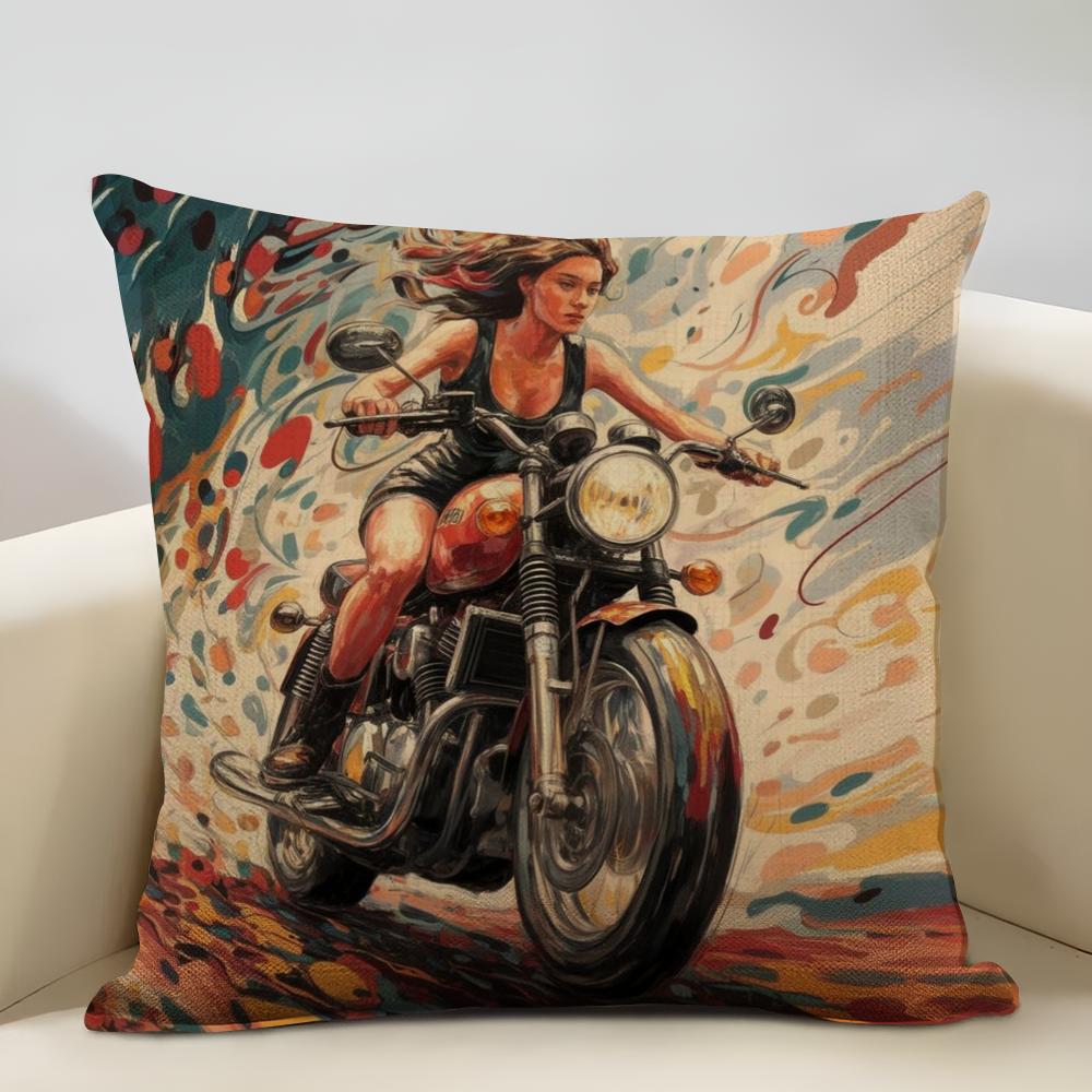 Female motorcyclist Cushion Household Decoration Linen Sofa Cushion Cover: Skin-Friendly & Breathable with Invisible Zipper