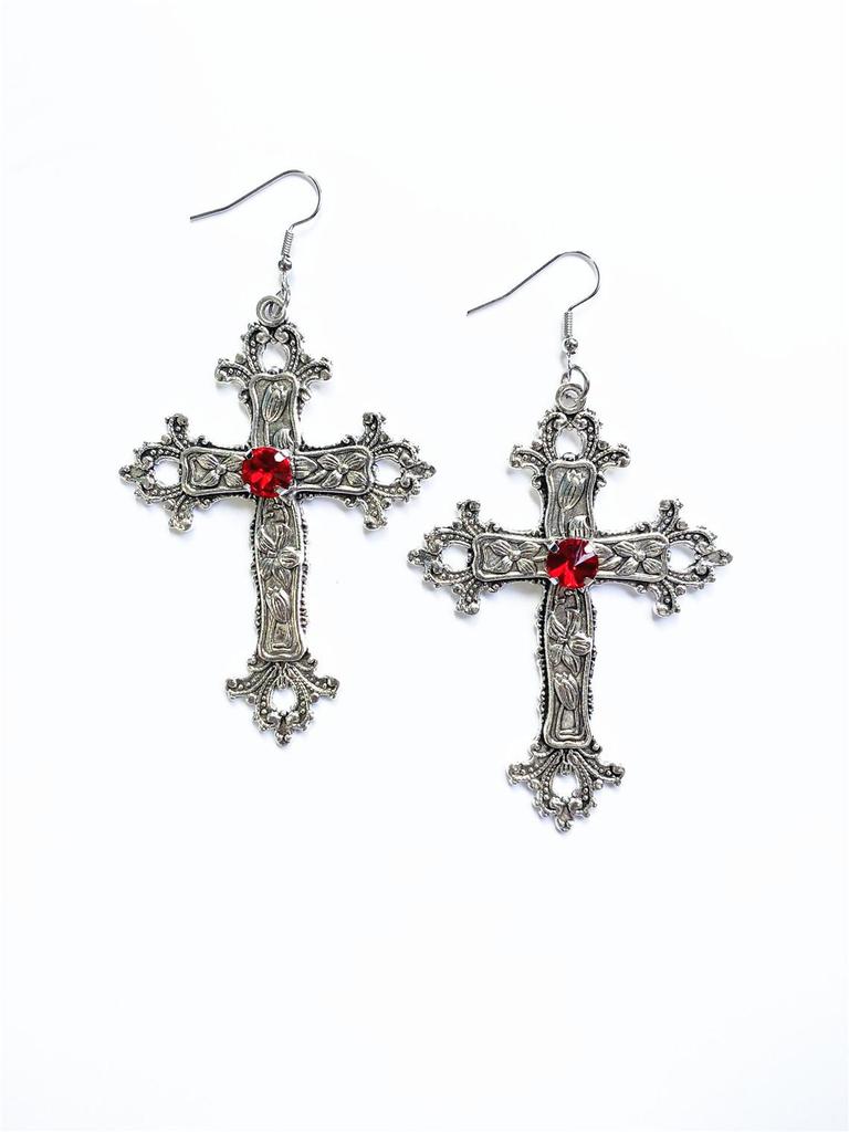 Popular Oversized Rhinestone Cross Earrings - Silver Tone Gothic Punk Fashion