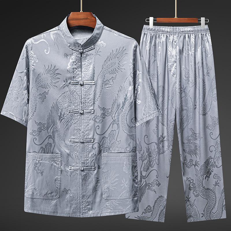 Men's Ice Silk Tang Suit Short Sleeve Set - Chinese Style Summer Clothing for Middle-Aged and Elderly