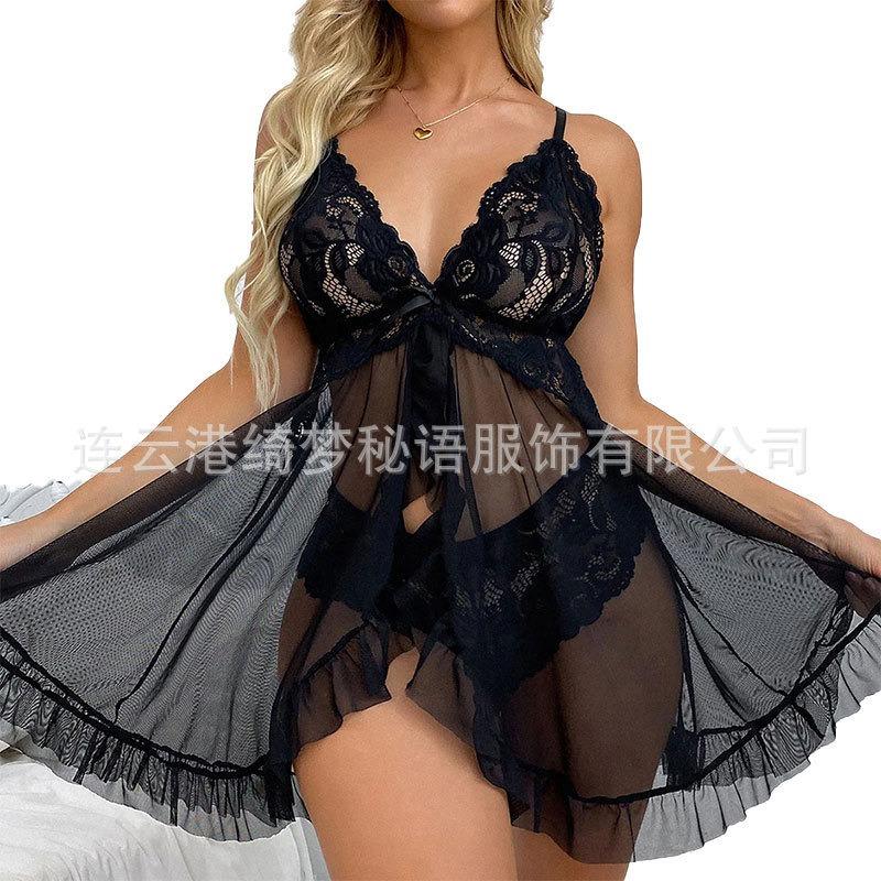 Pajamas Ladies Lace Suspender Sexy Loungewear Summer Perspective Mesh Skirt Women