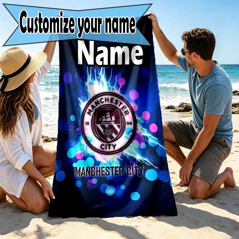 Custom Name Personalized Manchester City FC Print Beach Towel, for Trip Camping Beach Party Home Decor, Birthday Gift for Family & Friends