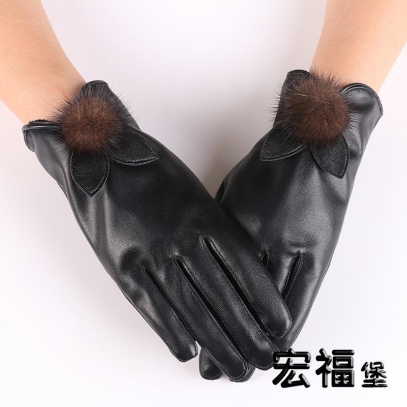 Warm Leather Gloves Mink Ball Ladies Thickened Outdoor Fleece Ladies Touch Screen Leather Touch Screen Winter Gloves