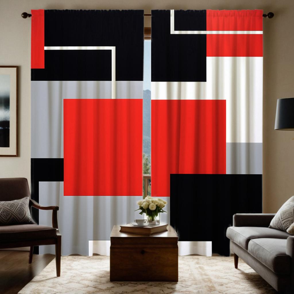 2 Bucăți HD Digital Bloc de Culoare Roșu Geometric Minimalist Perdele Stil Decorare Casă Decorare Living Dormitor Cu Inele