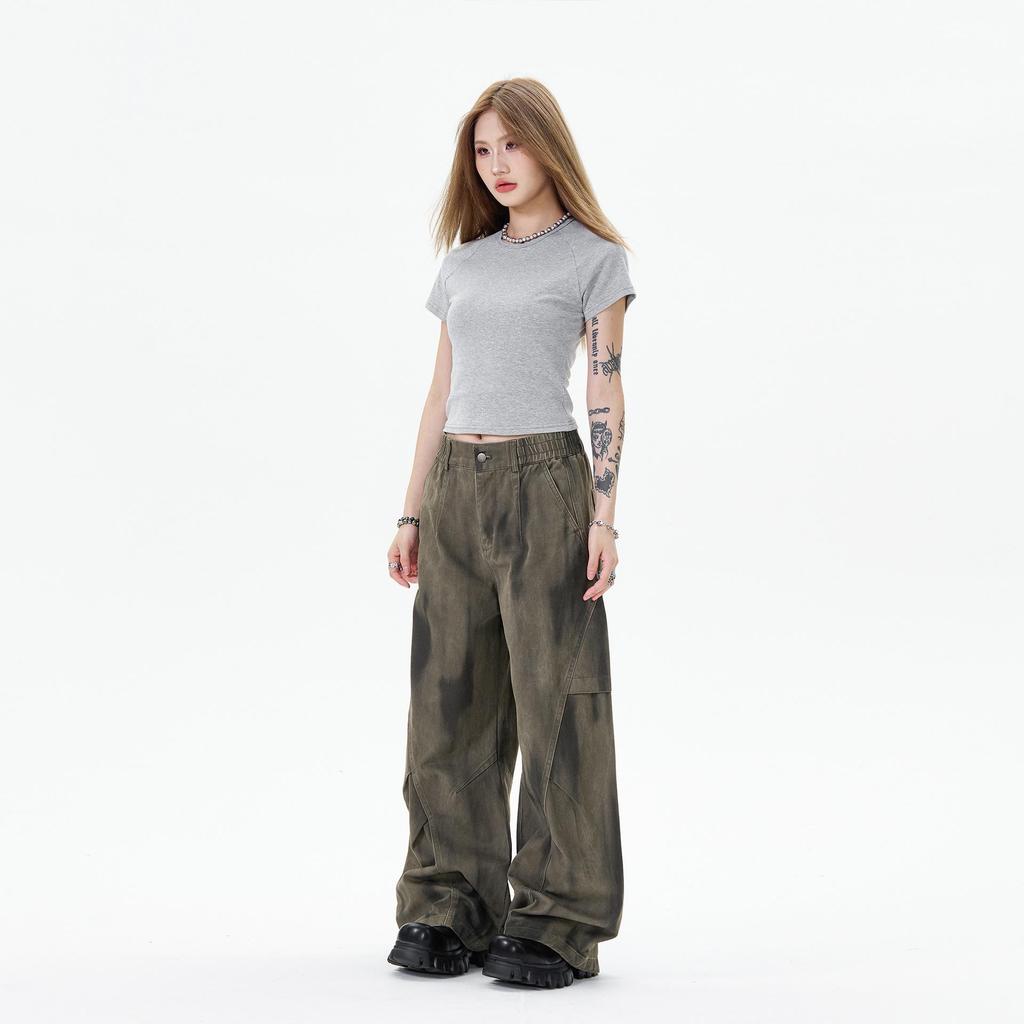 OREETA Tie-Dye Gradient Curved Leg Cargo Pants: Casual Wide Leg Streetwear In Pure Cotton