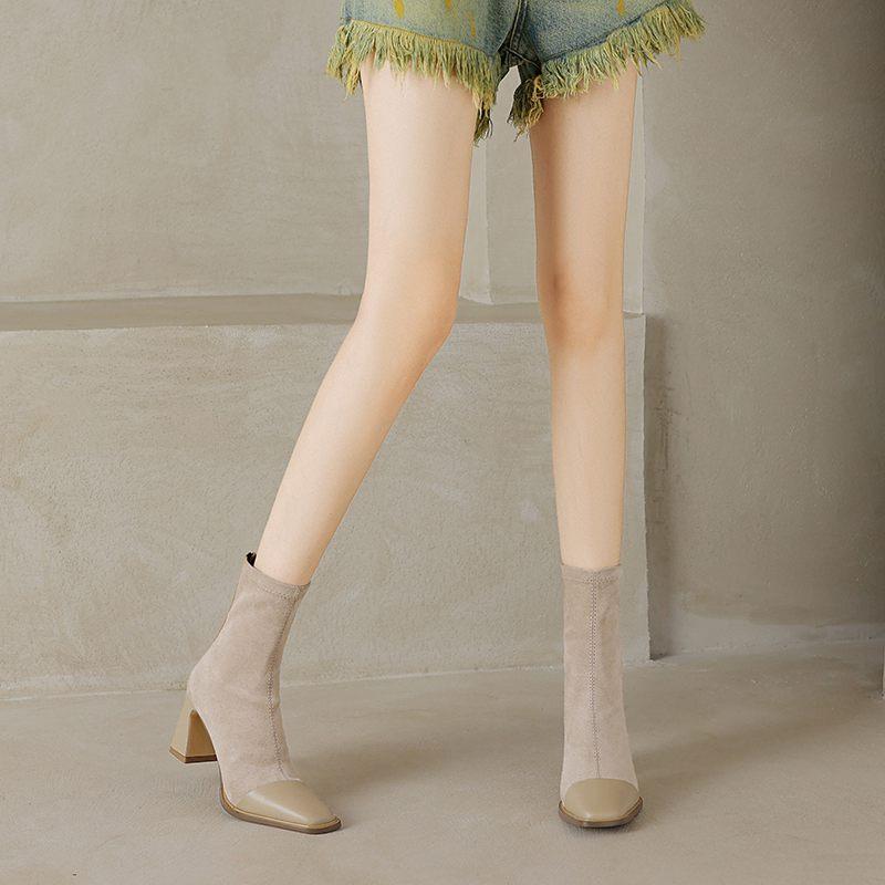 Krazing Pot Cow Skin Autumn Winter Shoes Square Toe Mixed Color Thick High Heels Zipper Chelsea Boots Women Stretch Ankle Boots