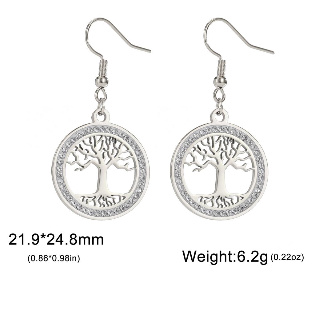 Tree of Life Women's Earrings Stainless Steel Gold Clear Zircon Round Pendant Dangle Earring Amulet Jewelry Gift
