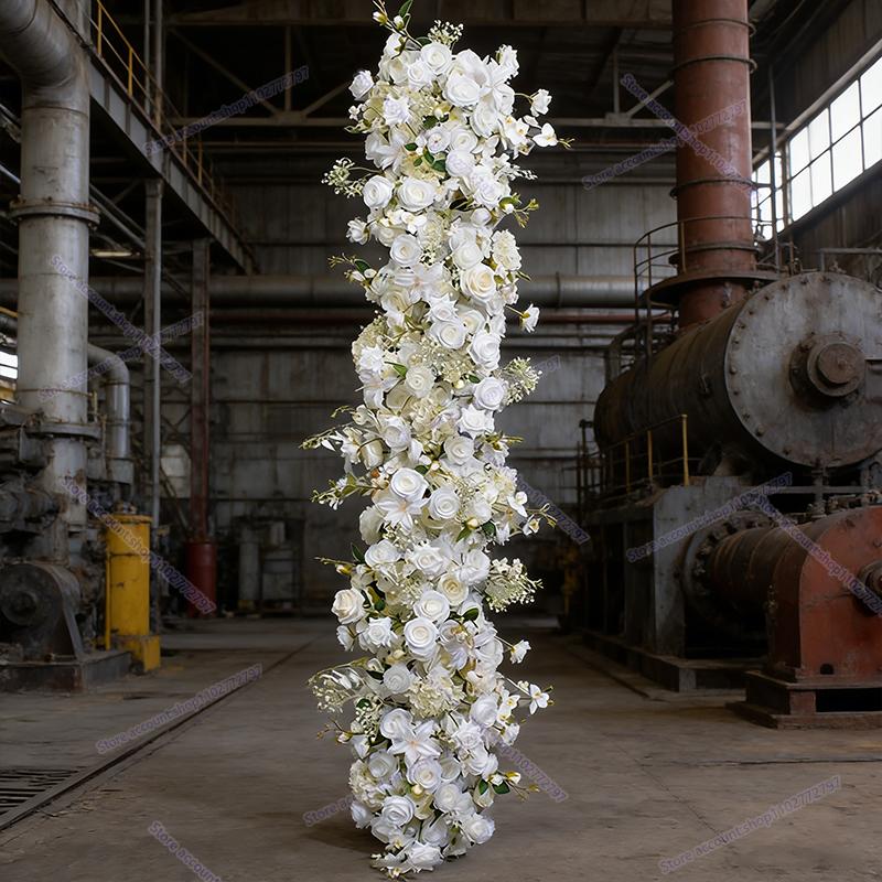 White Rose babys breath Large Flower Row Artificial Flowers Row Runner Wedding Backdrop Decor Floral Wall Party Decorative props (White,30x100cm) белый