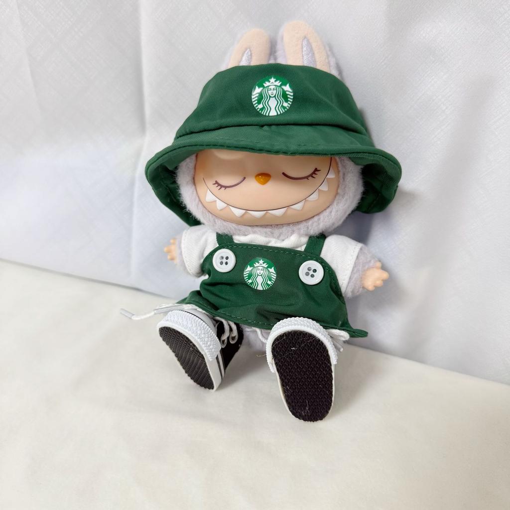 For Labubu V1 V2 V3 Doll Clothing Fashion Overalls Bib Hat T-Shirt Shorts Shoes Set Kawaii Coffee Working Clothes Accessories