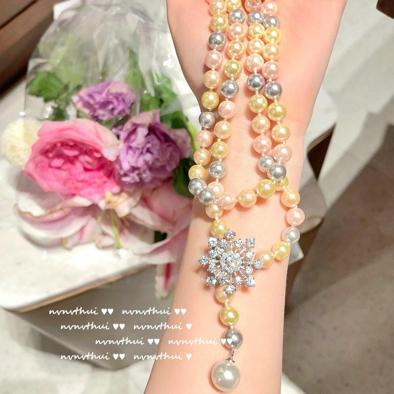 Ancient Babylon Snowflake Gem Pearl Necklace, Tahiti, Sea Bead Christmas Snowflake Zircon Sweater Chain