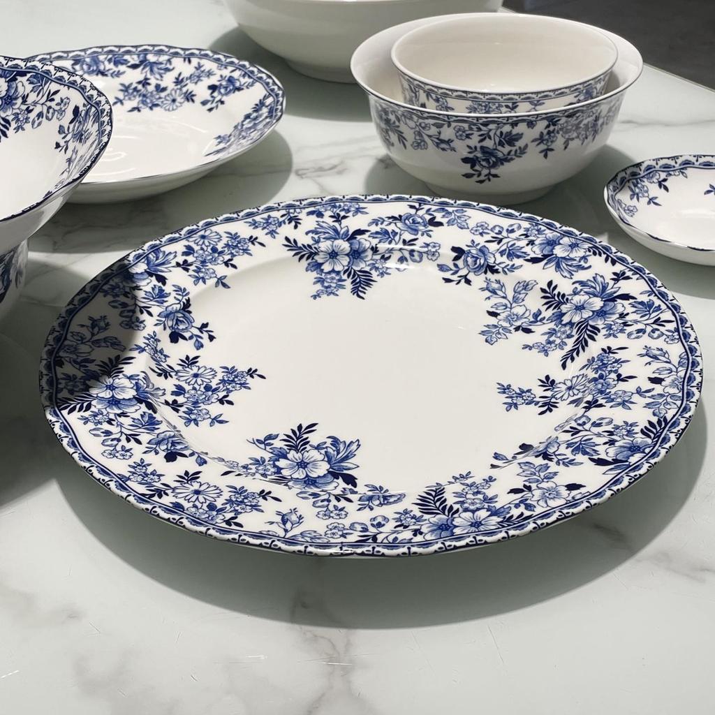 Blue and White Porcelain Pastoral Style Large Noodle Bowl, Microwave-Safe Ceramic Vegetable Dish, Underglaze Tableware