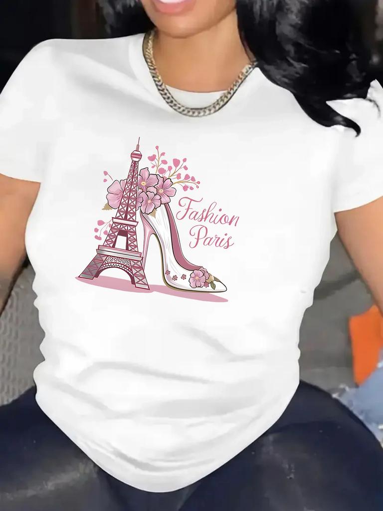 WoUnisex Mode Paris Eiffelturm High Heel Grafik Kurzarm Rundhals Sommer Kurzarm Harajuku Streetwear