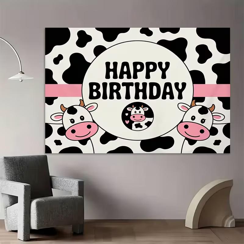 2D Flat Printing Cow Pattern Happy Birthday Backdrop for Girls Boys Birthday
