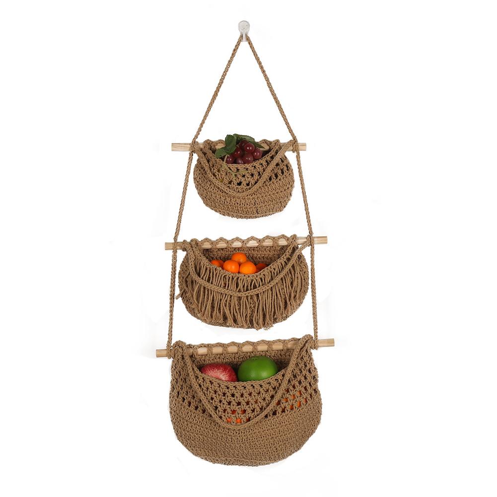1PCS Hanging Fruit Baskets For Kitchen 3 Tier Bohemian Wall Hanging Basket Handwoven Teardrop Hanging Baskets For Organizing