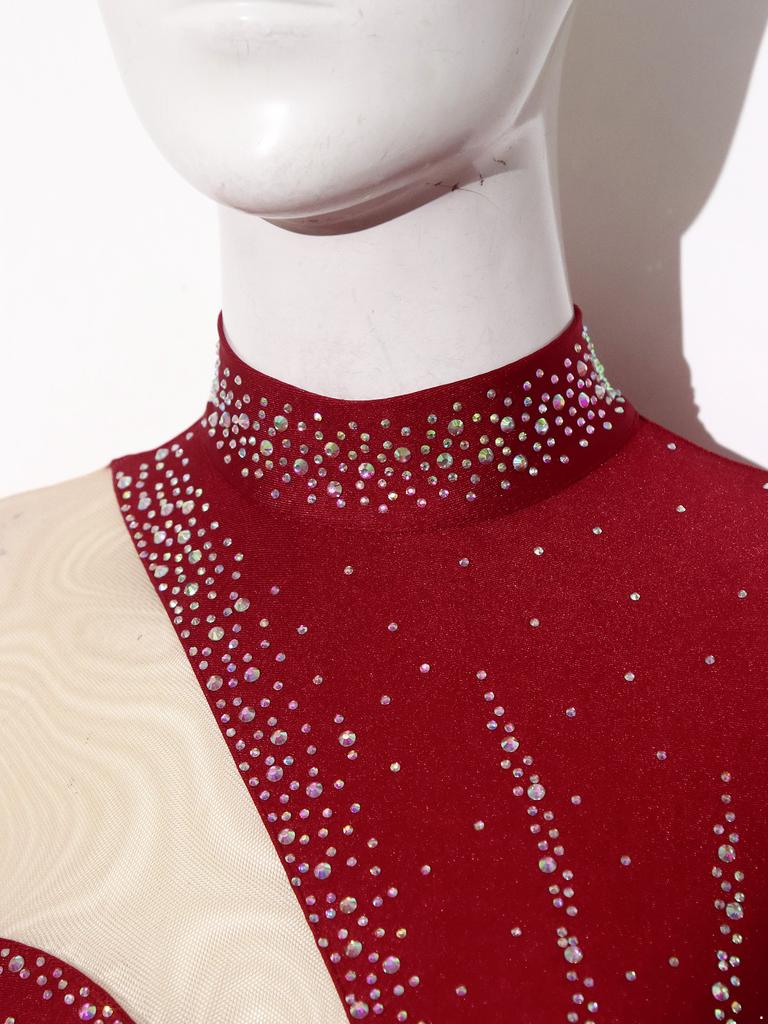 Damen Funkelndes Strass-Trikotkleid Durchsichtiges Netz Langarm Rollkragen Farbblockierung Asymmetrischer Saum für Eiskunstlauf Lateinische Performance