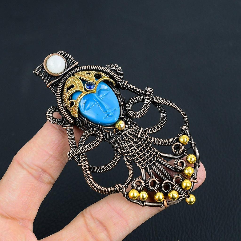 Carved Blue Face & Moonstone Jewelry, 999 Copper Wire Wrapped Pendant Handmade Gemstone Jewelry, Gifts For Wife Brand New Pendant