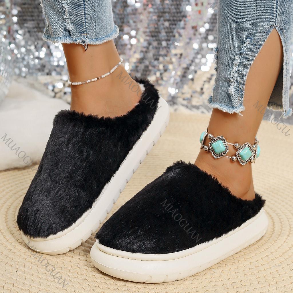 Fashion Cotton Shoes Plush Thick Bottom Fur Slippers for Women Winter Casal Indoor Shoes Flat Bottom Soft Padded Warm Casual Slides Shoe