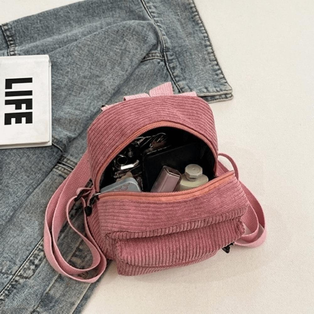 Fashion Solid Color Corduroy Mini Backpack Zipper Lightweight Double Shoulder Bag Portable Multi Pocket Daypack Women