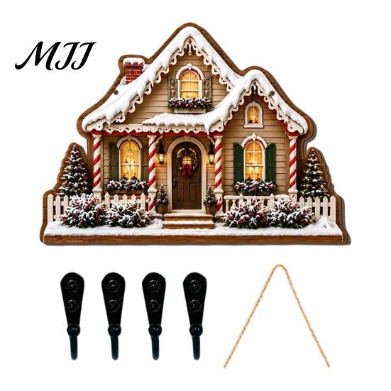 Key Hanger for Wall 2D Flat Christmas Wooden Rack, Hanging Holder with 4 Storage Entrance Hooks, Holiday Plaque Rope Home Decor