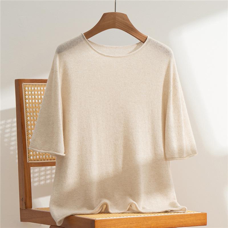 Women's 100% Pure Cashmere Short Sleeve Round Neck Sweater - Rolled Hem Knitwear, Early Autumn Versatile Pullover