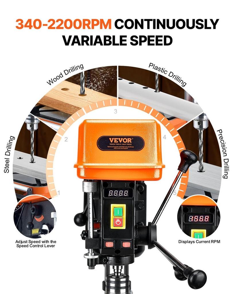 304.8 Mm Benchtop Drill Press, 750W, 340-2200 RPM Variable Speed Bench Drill Press, with 0-45° Tilting Worktable, LED Work Light, X-ray Positioning,