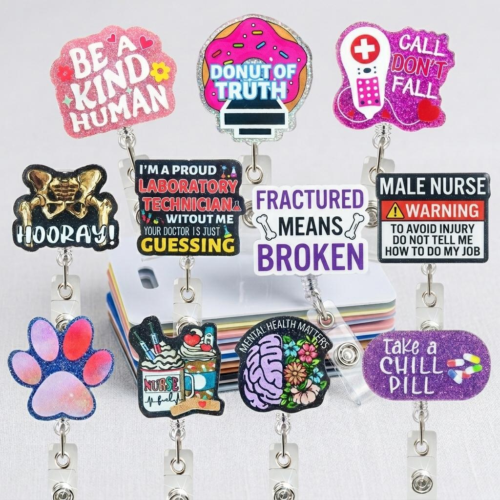 Alligator Clip Badge Holder Funny Glitter Acrylic Id Holder Nurse Badge Reel Inspirational Badge Reel For Lab Technician