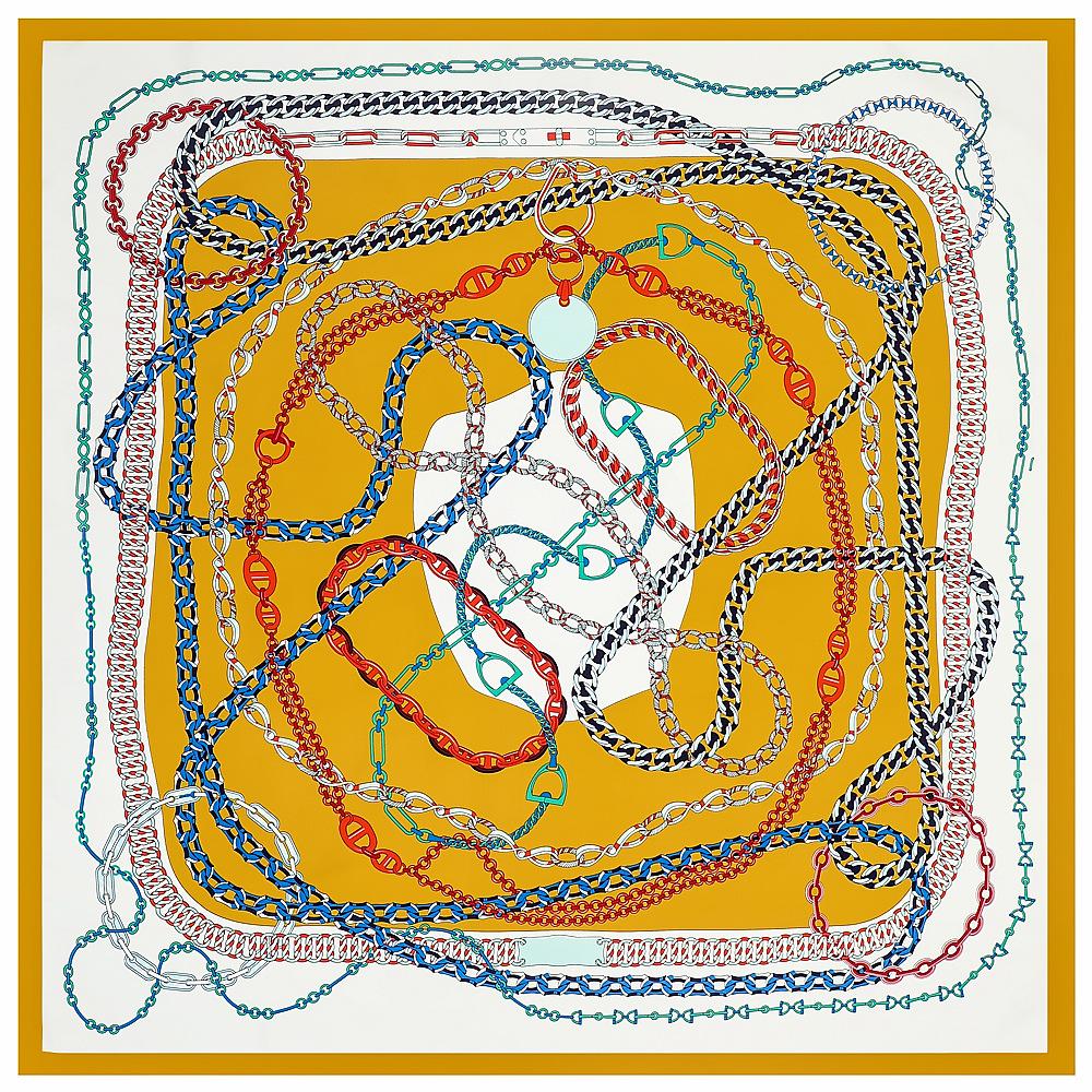 POBING Silk Scarf Women Large Shawls Chain Print Square Bandana Luxury NecKerchief Muslim Hijab Scarf Female Foulards 130CM