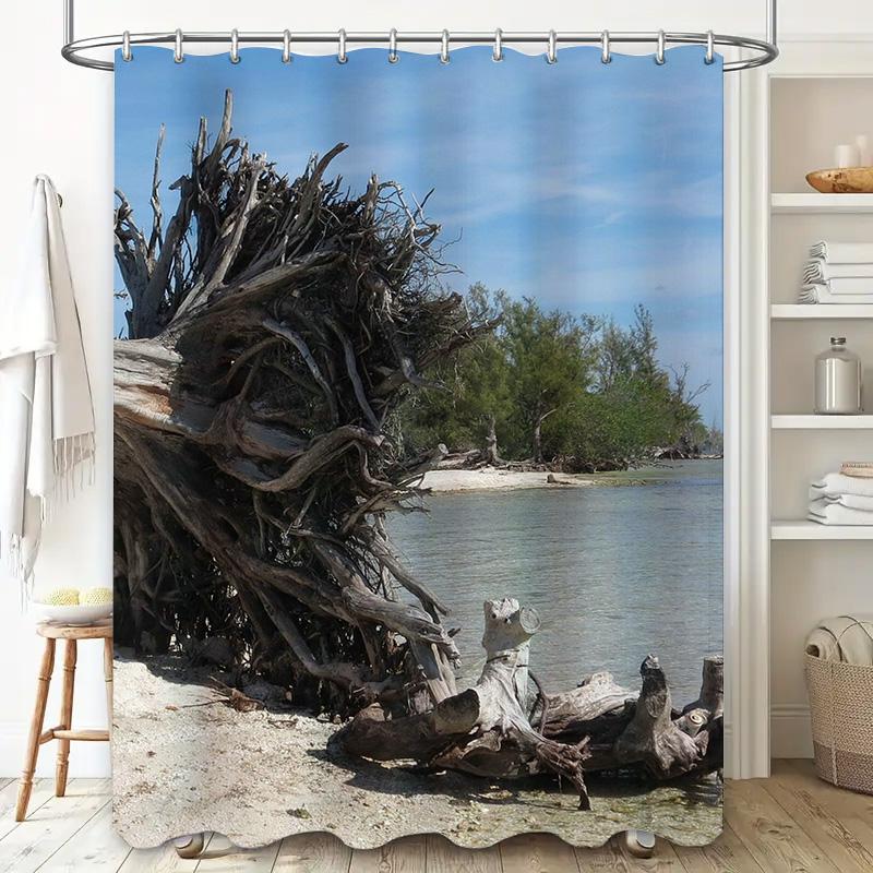 Beach Wood Log Shower Curtain Waterproof Bathroom Decor Blue Sky Tree Trunk Print Fabric Shower Panels Bathtub Liner Decoration