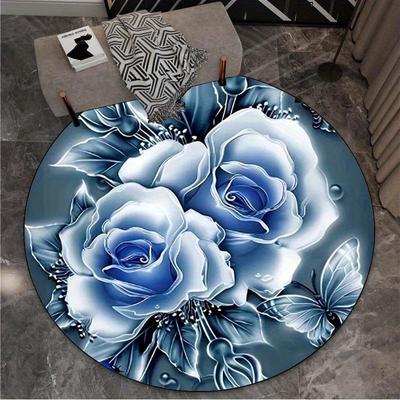 3D blauer Rosen-Rundteppich, luxuriöser Rosen-Rundteppich, rutschfester Teppich für Esszimmer, Schlafzimmer, Sofa, Küche, Spielzimmer, Dekor