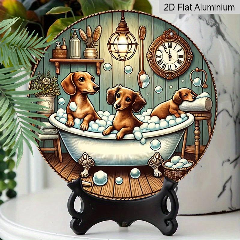 2D Flat 1pc, Bathing Dog Theme Design, Flat Printed Aluminum Metal Signs, Circular Iron Hanging Picture, 8x8 Inch Wall Decoration, Bar, Cafe, Club