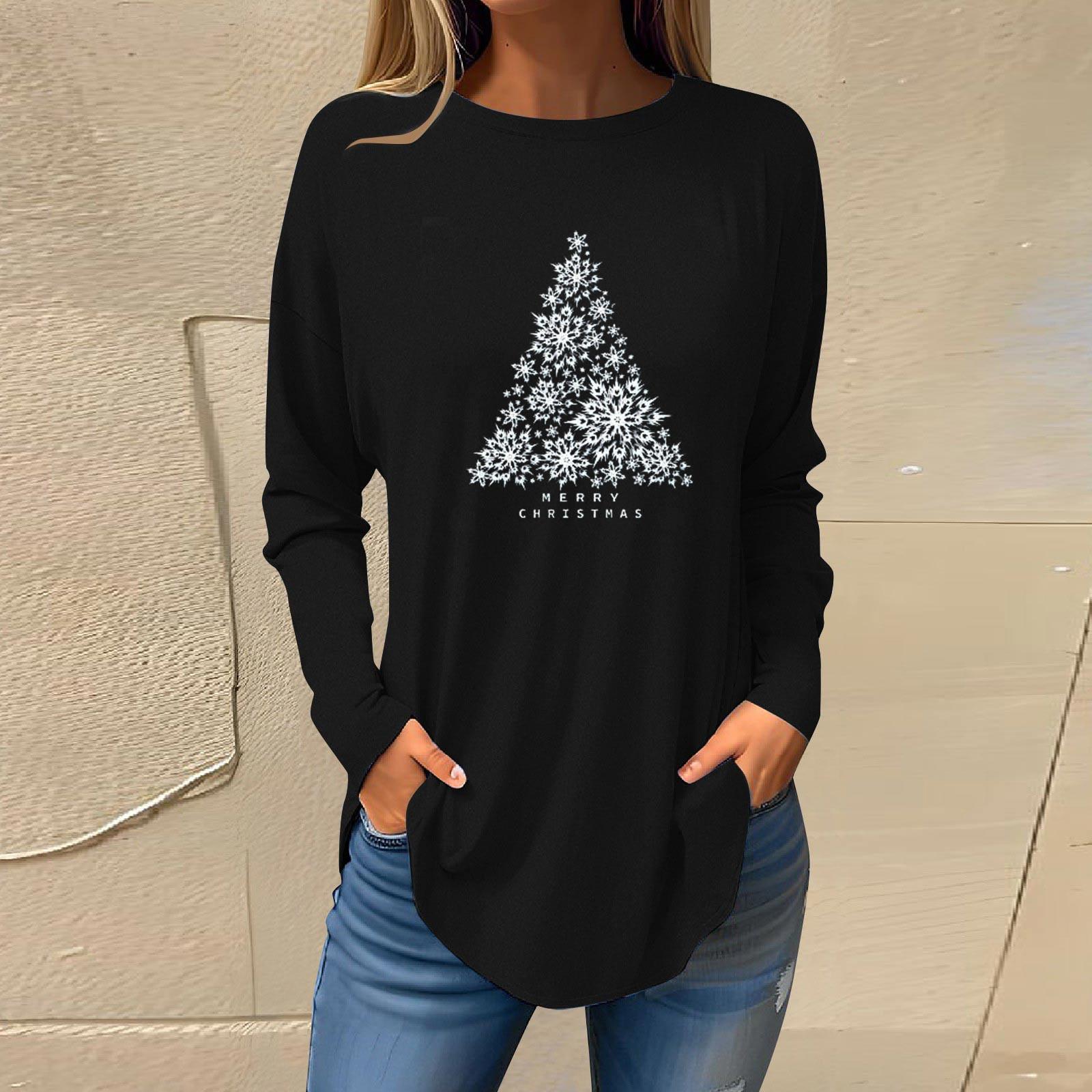 

Футболки для женщин, осенние повседневные рубашки с длинным рукавом, толстовка с рождественским принтом, топ, пуловер XL чёрный