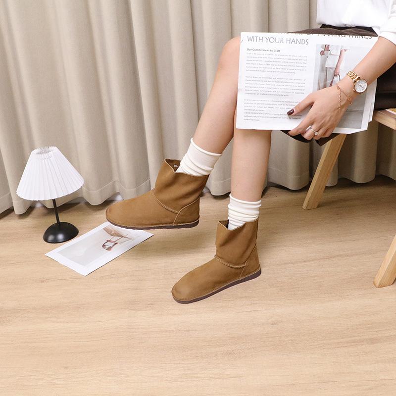 Johnature Vintage Handmade Genuine Leather Short Boots Solid Color Soft Cowhide Versatile Women Flat Boots