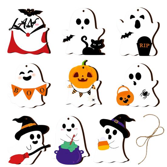 Halloween Tree Ornaments Ghost Wooden Hanging Sign with Hemp Rope, Cute Rustic Decorations Pendants for Home Party Wall Decorative Wood Signs
