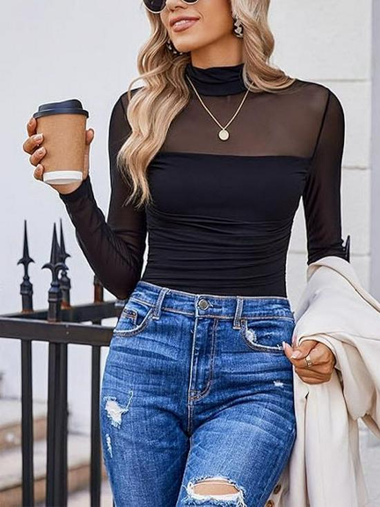 European Style Sexy Women s Mesh Patchwork Long Sleeve Top - Versatile Inner or Outer Wear, Solid Color Medium чёрный