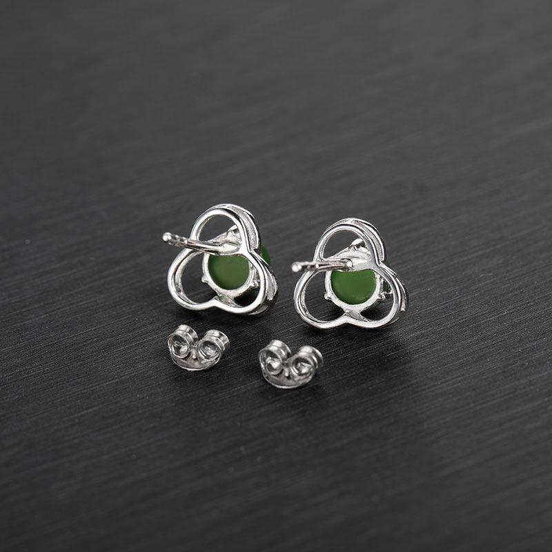 **Green Jade Flower Stud Earrings for Women - 925 Sterling Silver with Certificate**