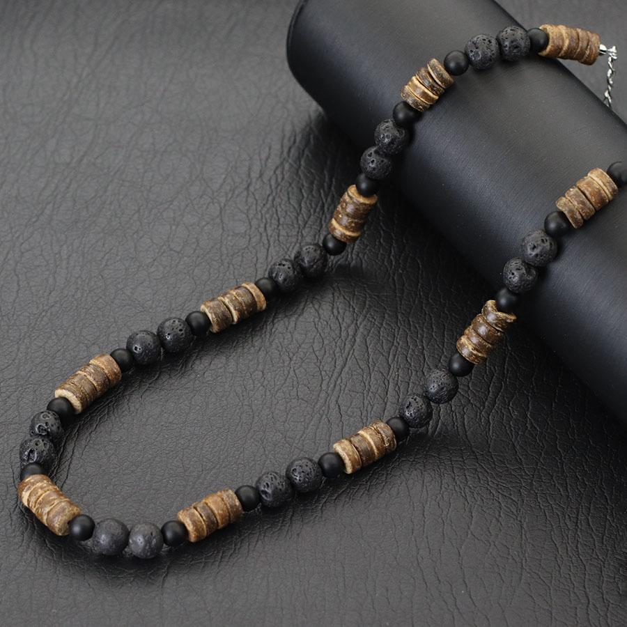 Natürliches Kokosnussschalen Holz Halskette Für Männer 18 Zoll Kurzes Halsband Vulkanstein Tigerauge Stein Halskette Schmuck Geschenk Für Ihn