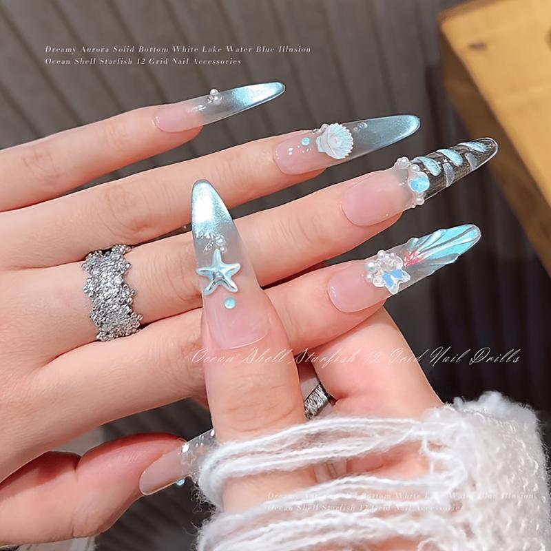 12 Grids Aurora Ocean Nail Charms Set Mermaid Seashell Starfish 3D Nail Art Rhinestones Decoration