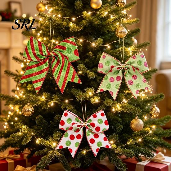 Decorative Bows for Door Wreaths 2Pcs Christmas Polka Dot Bow Decor, European Style Ribbon Ornament Tree Topper Decorations Gift Box Wreath,