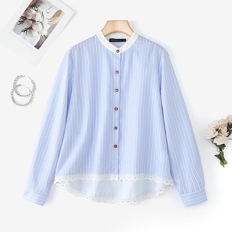

ZANZEA Women Casual Round Neck Long Sleeve Lace Splice Stripe Blouse S синий