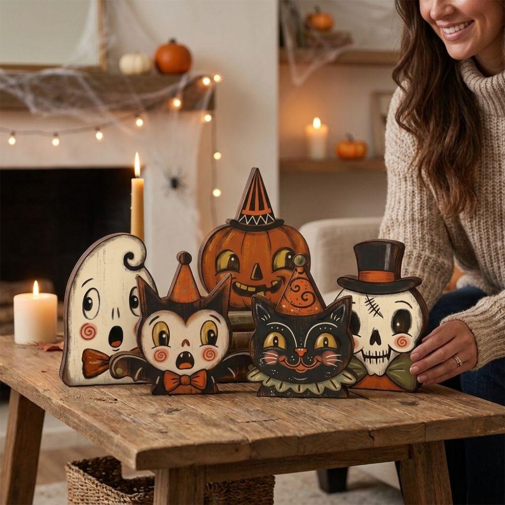 Farmhouse Style Halloween Wooden Tabletop Sign Cartoon Halloween Tiered Tray Decor Shelf Decor