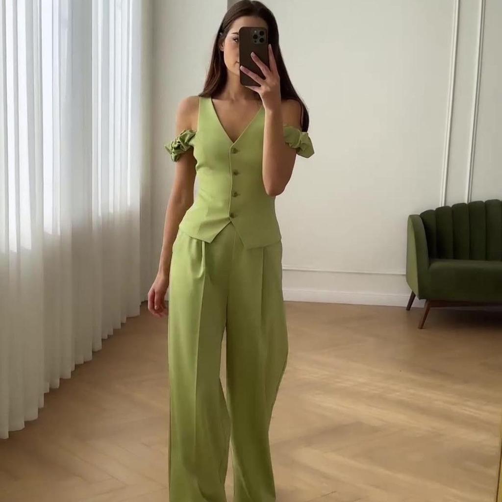 2024 Summer Women's High-Waist Solid Color Short Sleeve Two-Piece Set
