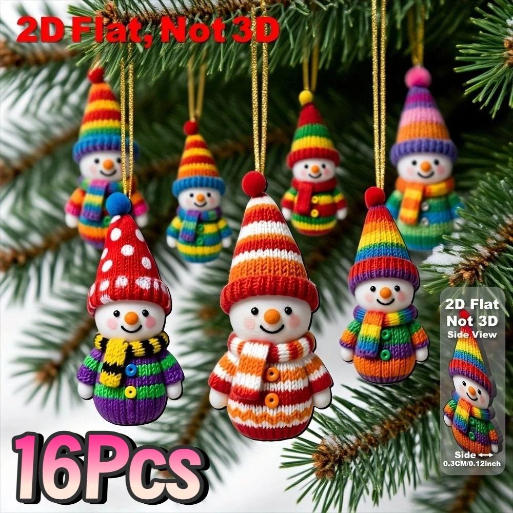 16 Stück 2D Flache Schneemann Holzornamente Gestrickter Stil Bunt Weihnachtsbaum Hängende Ornamente mit Bändern DIY
