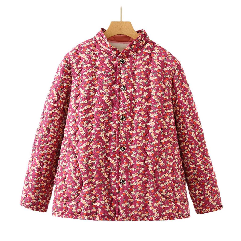 240 Jin Plus Size Velvet-Lined Cotton Jacket for Autumn/Winter - Stand Collar, Loose Fit for Middle-Aged & Elderly Women