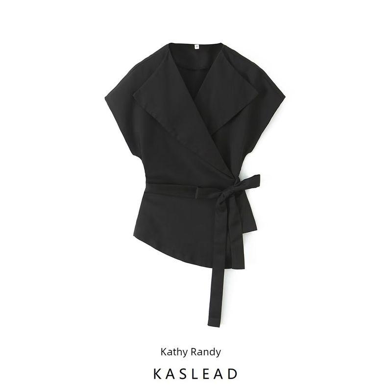 Kaslead New Arrival Women's Clothing Fashion Style Fashion Minimalist Large Lapel Short Sleeve with Belt Tops