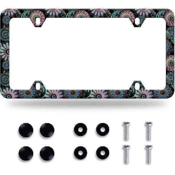 Stitching Tile Boho Pattern License Plate Frame Stainless Steel Parts Colorful License Plate Decorative With Screws Size 12.3" X 6.3" Women