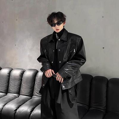 Kurze Schultergepolsterte Lederjacke Herren Trendmarke Raufbold Schön High-End Lokomotivbekleidung Cleanfit Amerikanische Bomberjacke