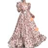 Atemberaubendes französisches Campanula Rosa Blumen Chiffon Sommerkleid - Super Feenhaft Langer Stil