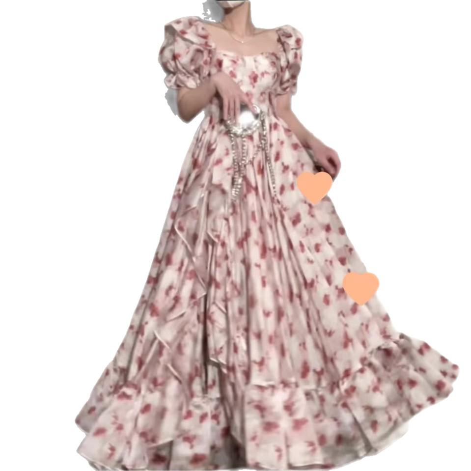 Atemberaubendes französisches Campanula Rosa Blumen Chiffon Sommerkleid - Super Feenhaft Langer Stil