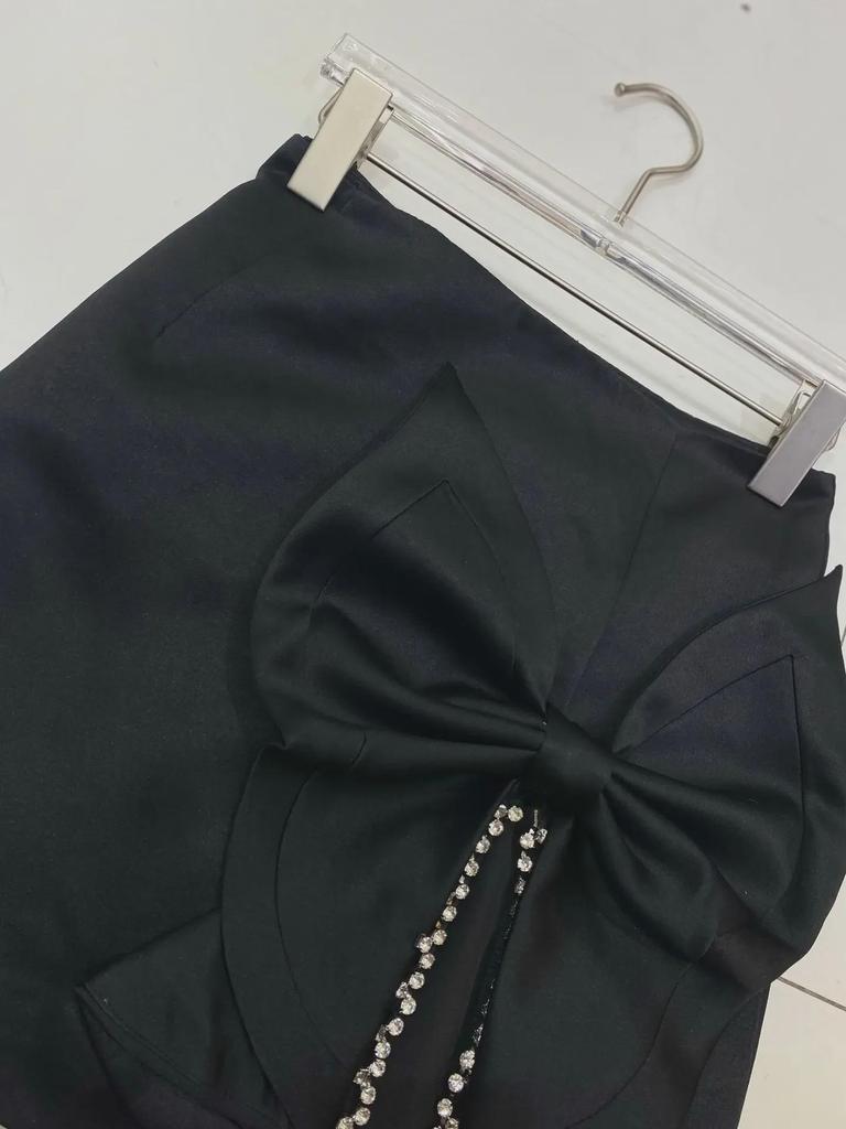 Shisanhang 2024 Summer Skirt: Exaggerated Bow, Crystal Accent, Slit Detail, Short Style