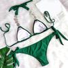 2Pcs/Set Split Bikini Rhinestones Metal Chain Sexy Adjustable Pure Color Swimwear for Swimming